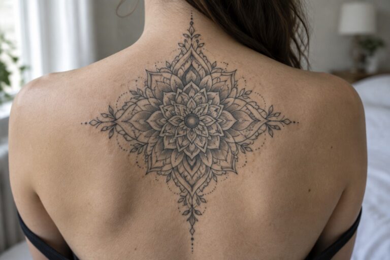 Black and gray mandala tattoo with floral layers and leaves centered on a woman's upper back and tapering down the spine