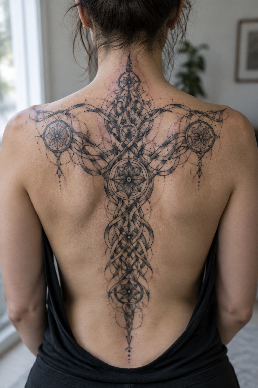 Woman's back with large symmetrical black tattoo over black tank top.