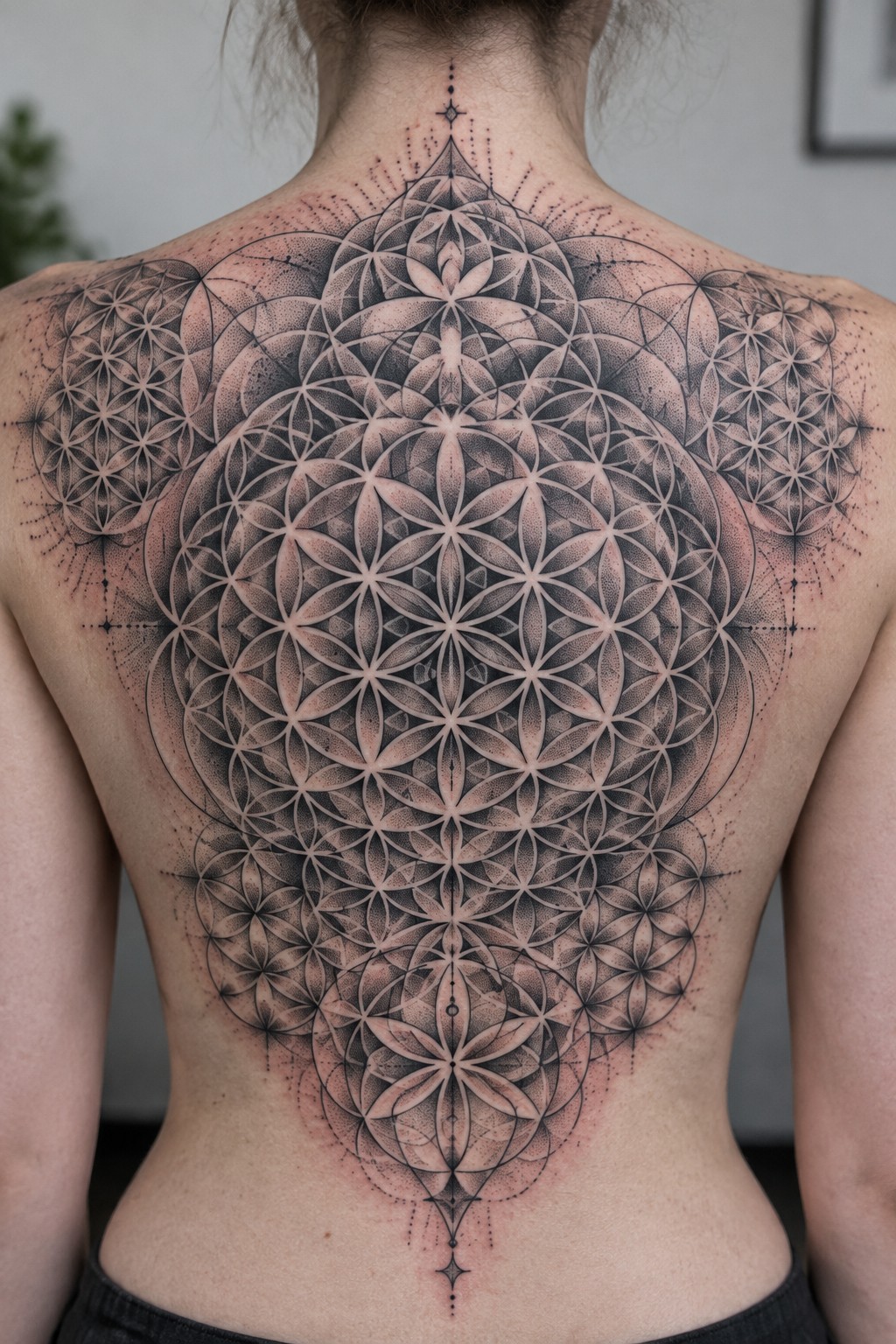 Intricate black geometric mandala tattoo covering a person's back and shoulders