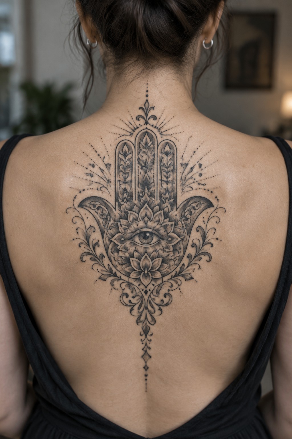 Woman's back in black top with ornate Hamsa tattoo featuring central eye and lotuses.