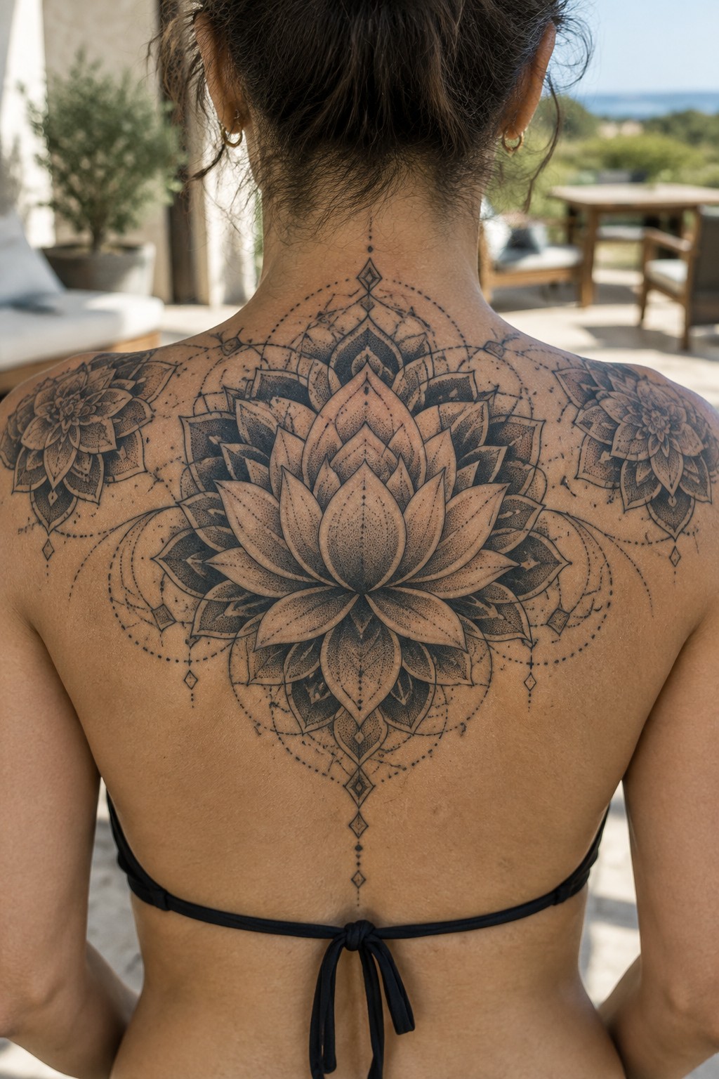 Woman's back with large lotus mandala tattoo over black bikini top, ocean view beyond.