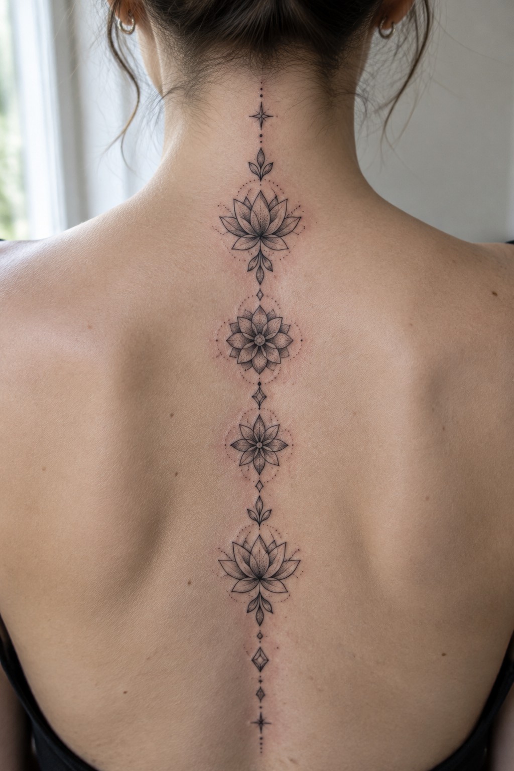 Black ink lotus tattoo with geometric accents along woman's spine