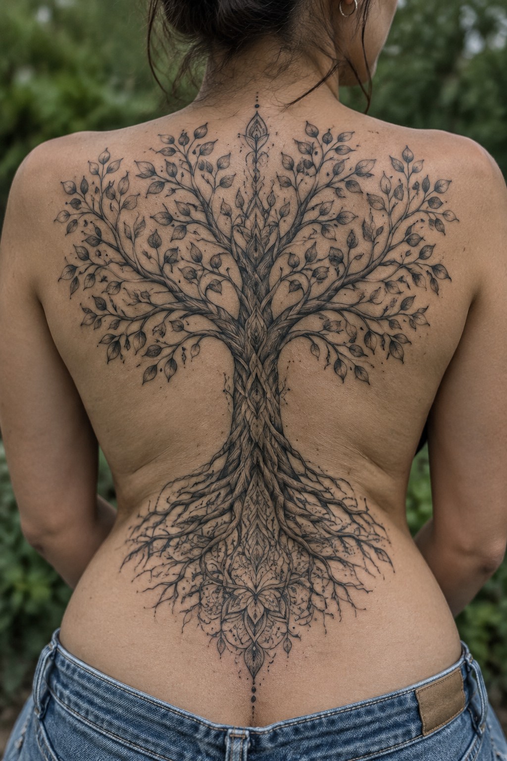 Woman's back featuring a large black and gray tree of life tattoo centered on the spine with branches above and roots below.