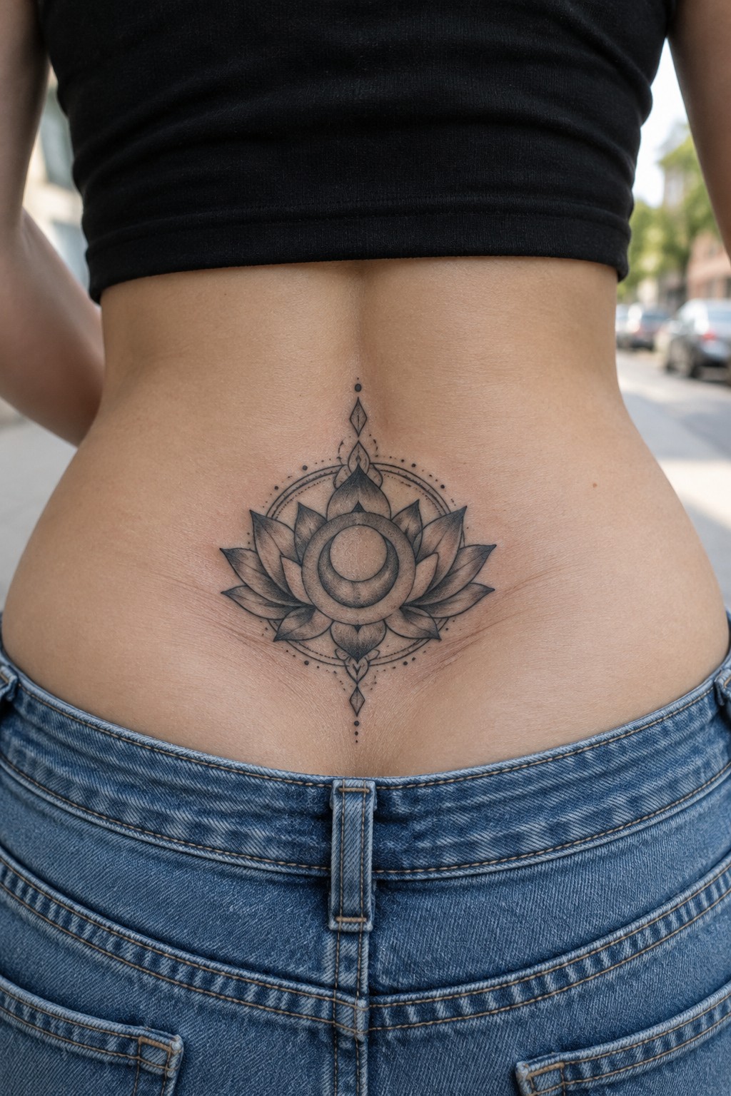 Black and gray lotus tattoo with crescent moon centered on a woman's lower back above the waistband of jeans.