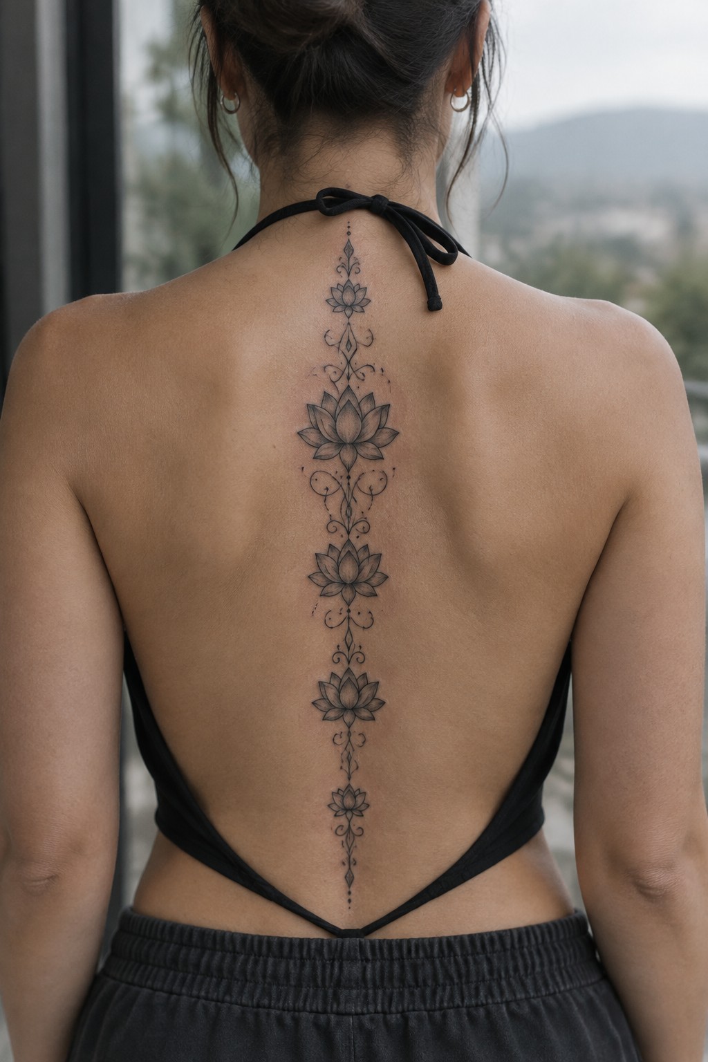 Vertical lotus tattoo running down the spine in black ink with ornamental details