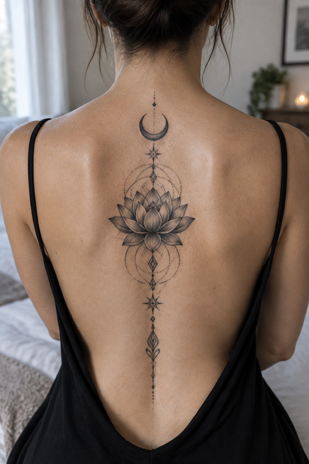 Black and gray lotus flower tattoo on a woman's upper back with crescent moon above and vertical spine elements below
