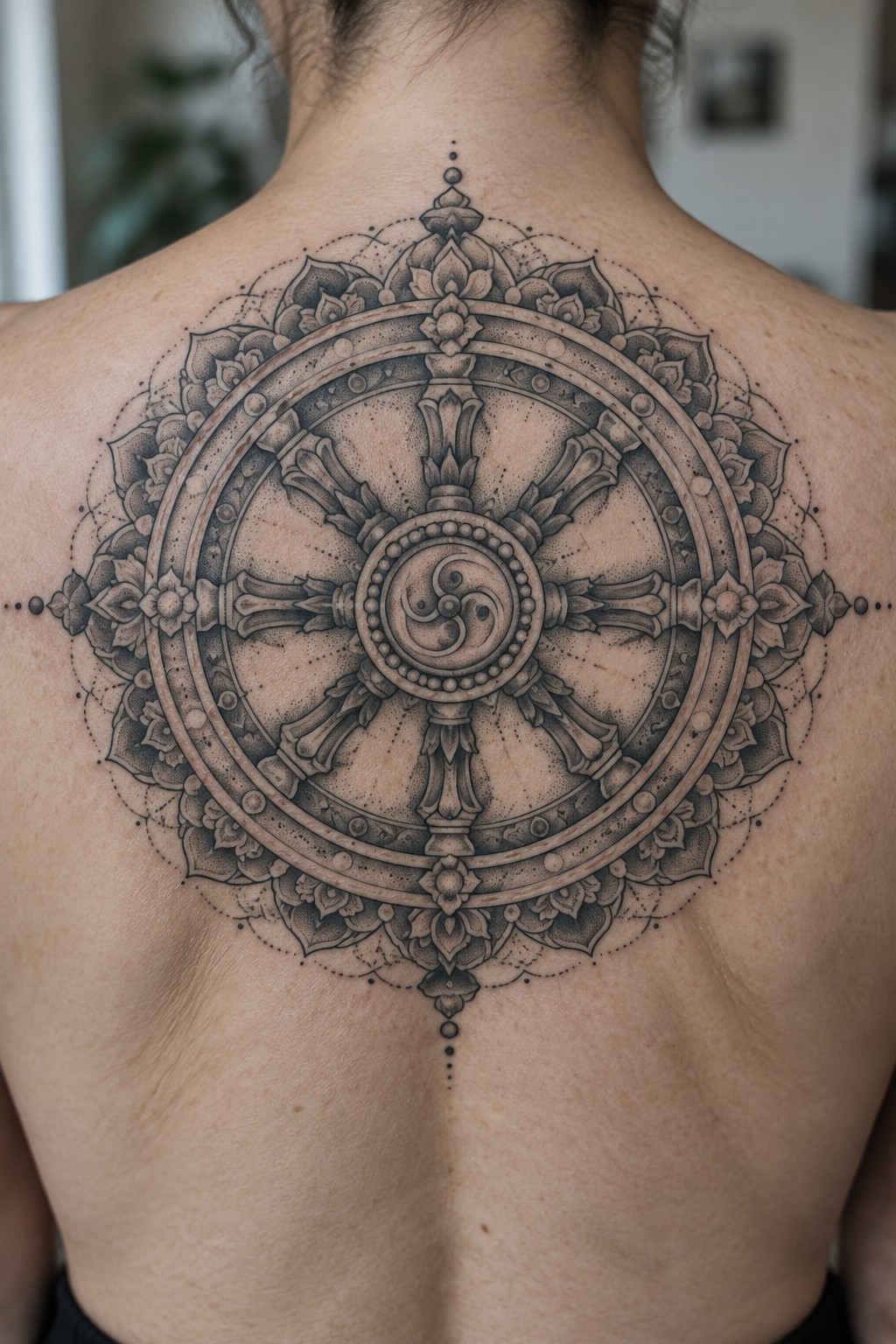 Intricate black mandala tattoo spans upper back with floral and wheel patterns.
