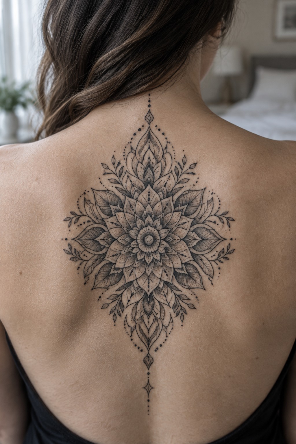 Black and gray mandala tattoo with floral layers and leaves centered on a woman's upper back and tapering down the spine