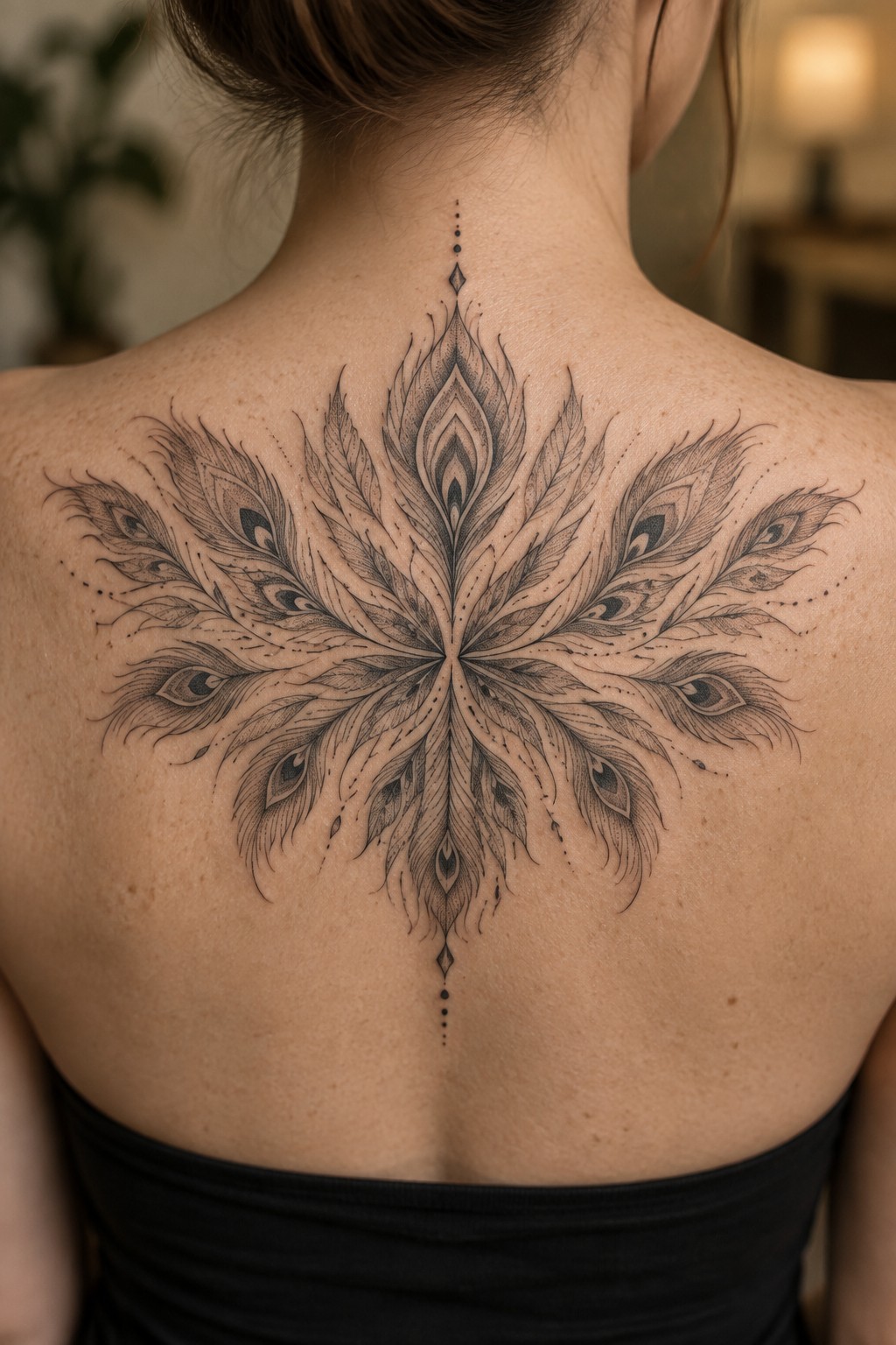 Intricate black peacock feather mandala tattoo on woman's upper back in black top