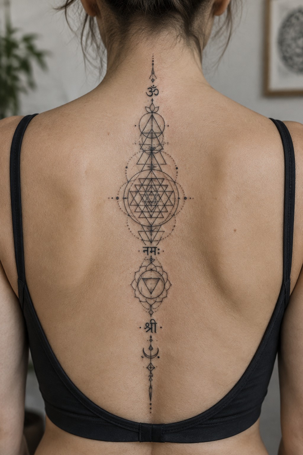 Vertical black and gray spine tattoo on a woman showing stacked spiritual symbols including om, yantra, lotus, and crescent moon.