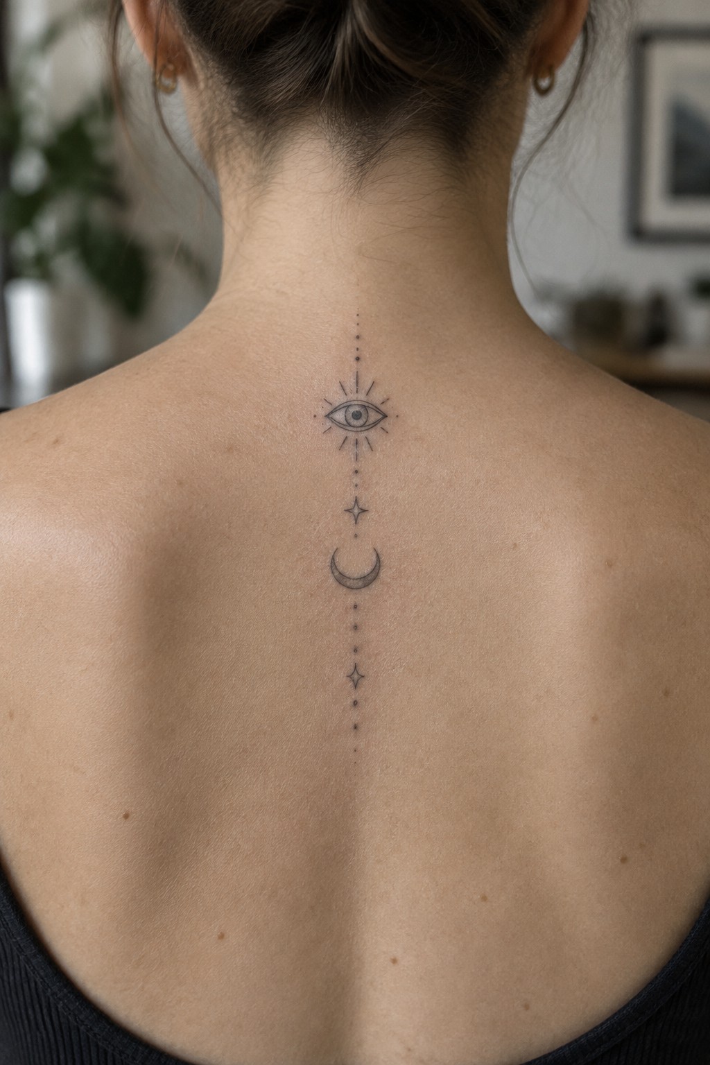 Woman's neck tattoo with eye, crescent moon, stars, and dotted lines on bare skin