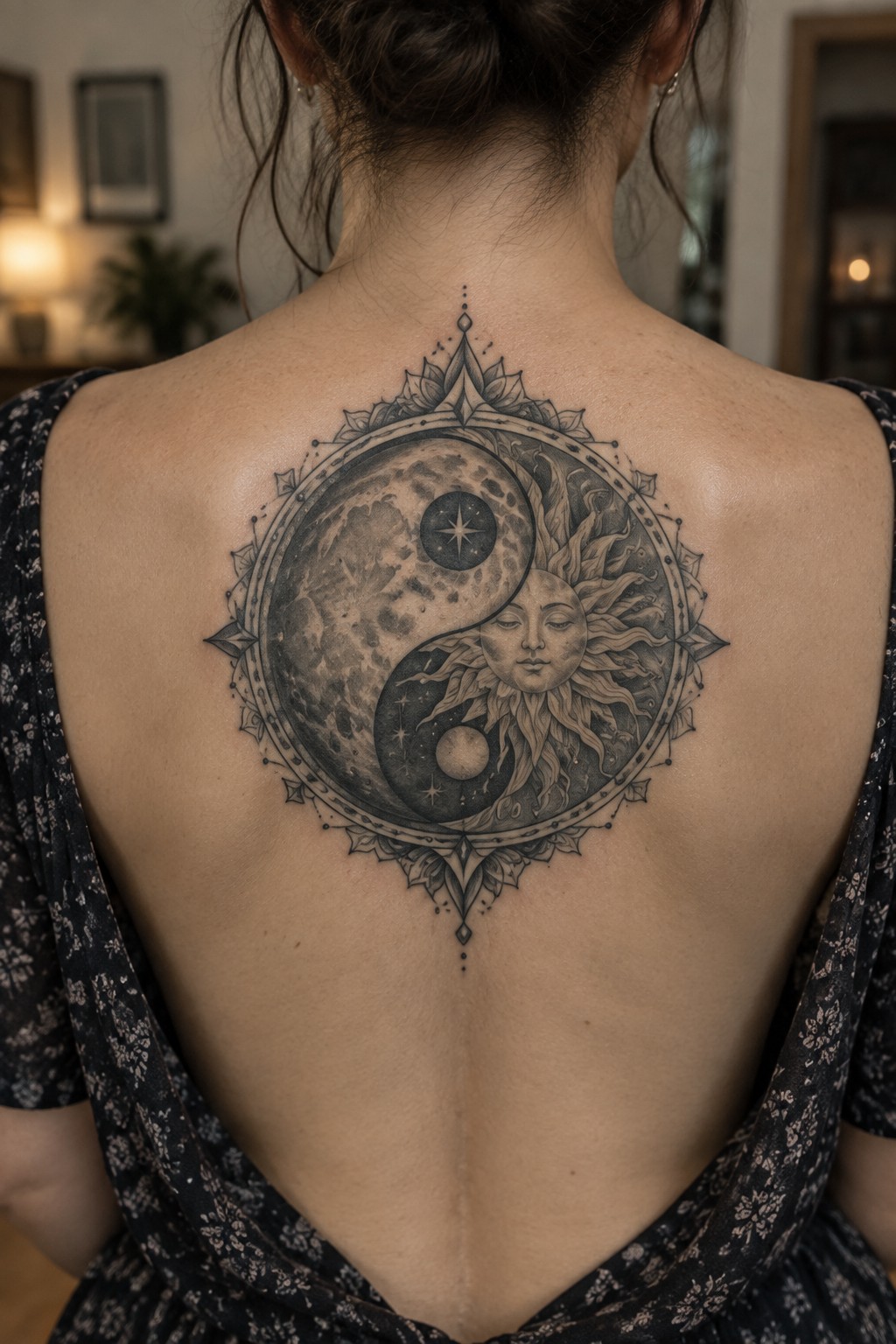 Black and gray yin yang tattoo on a woman's upper back showing sun and moon faces inside an ornate circular border