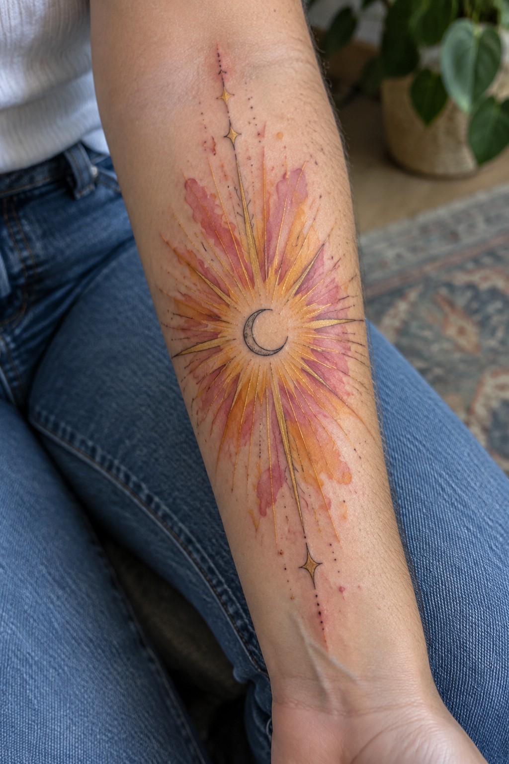 Watercolor sunburst tattoo with a central crescent moon on the inner forearm, pink and orange tones, gold rays, and a line of stars extending vertically.