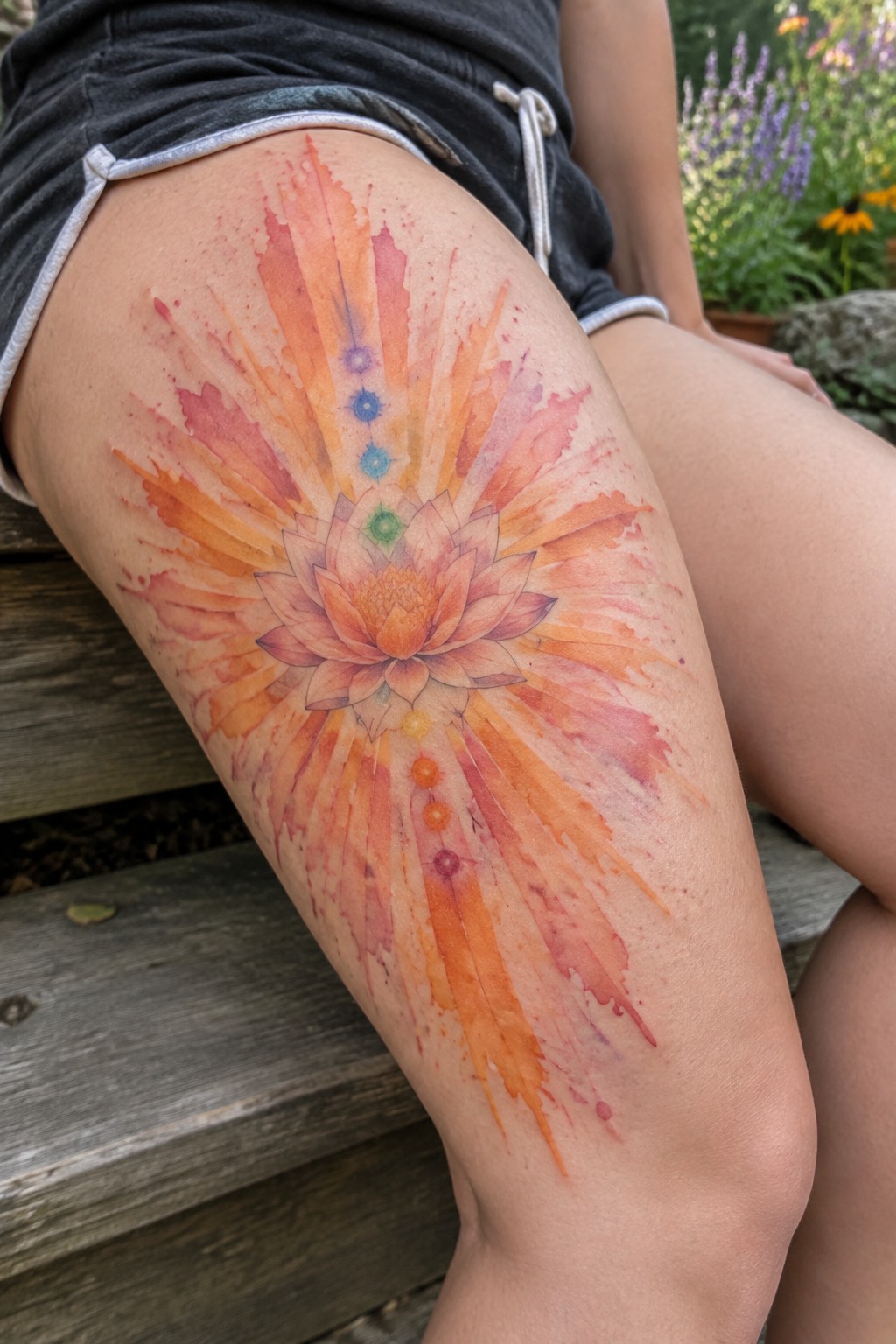 Watercolor lotus tattoo with chakras in orange hues on thigh wearing shorts