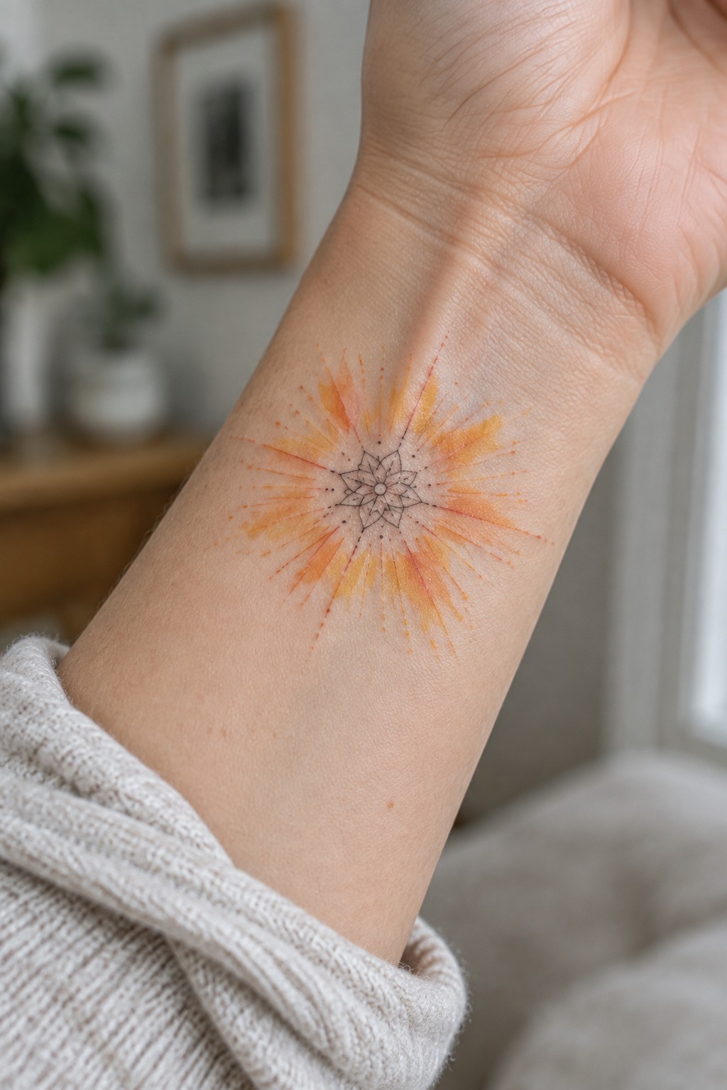 Wrist with black mandala tattoo and orange-yellow watercolor sunburst rays on knit sleeve