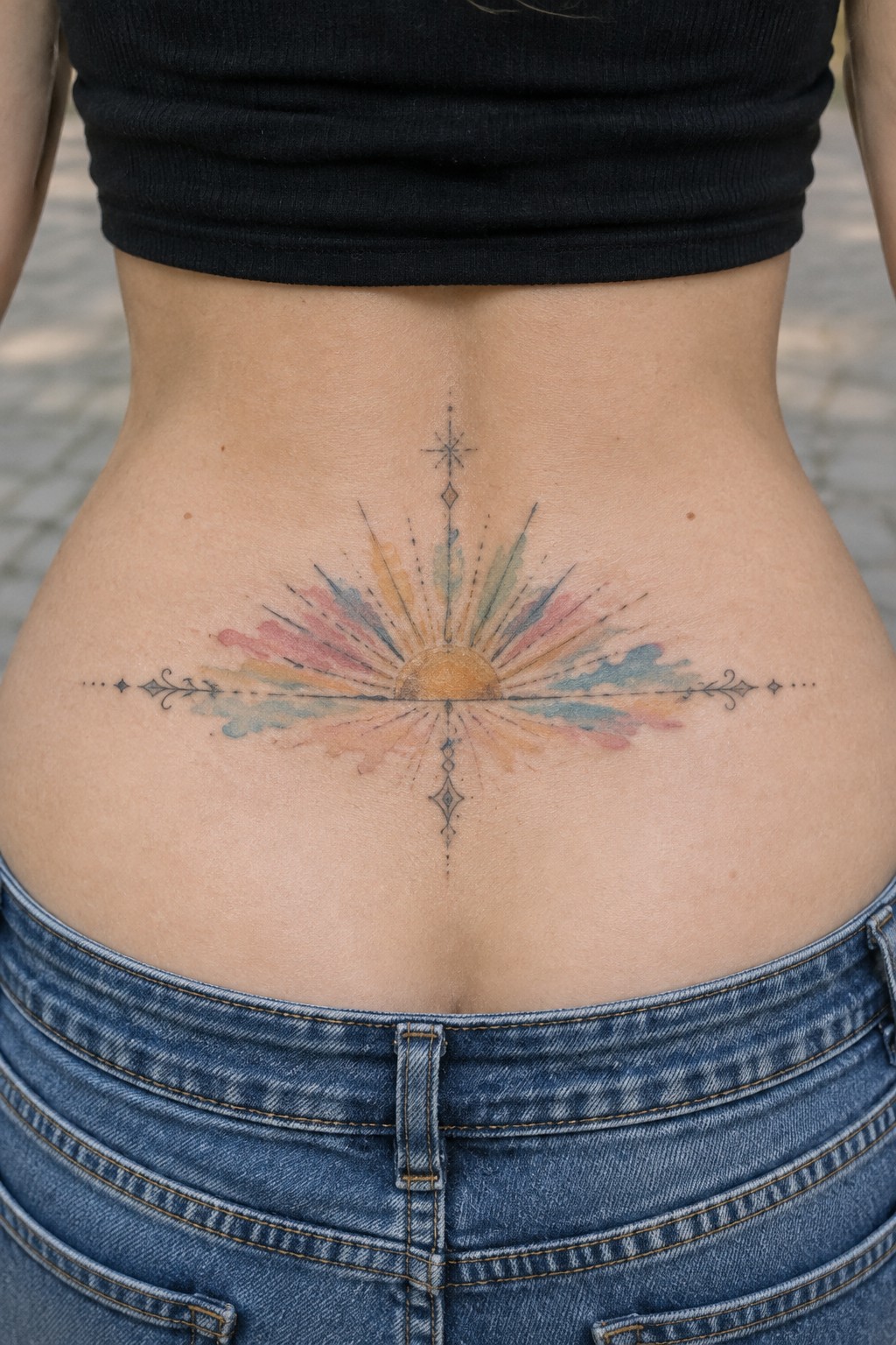 Watercolor sunburst tattoo with colorful rays on lower back above jeans.