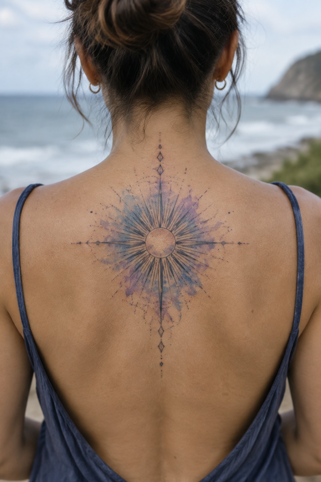 Woman viewed from behind with a central sunburst tattoo on her upper back, featuring black radiating lines and watercolor shading in blue and purple tones.