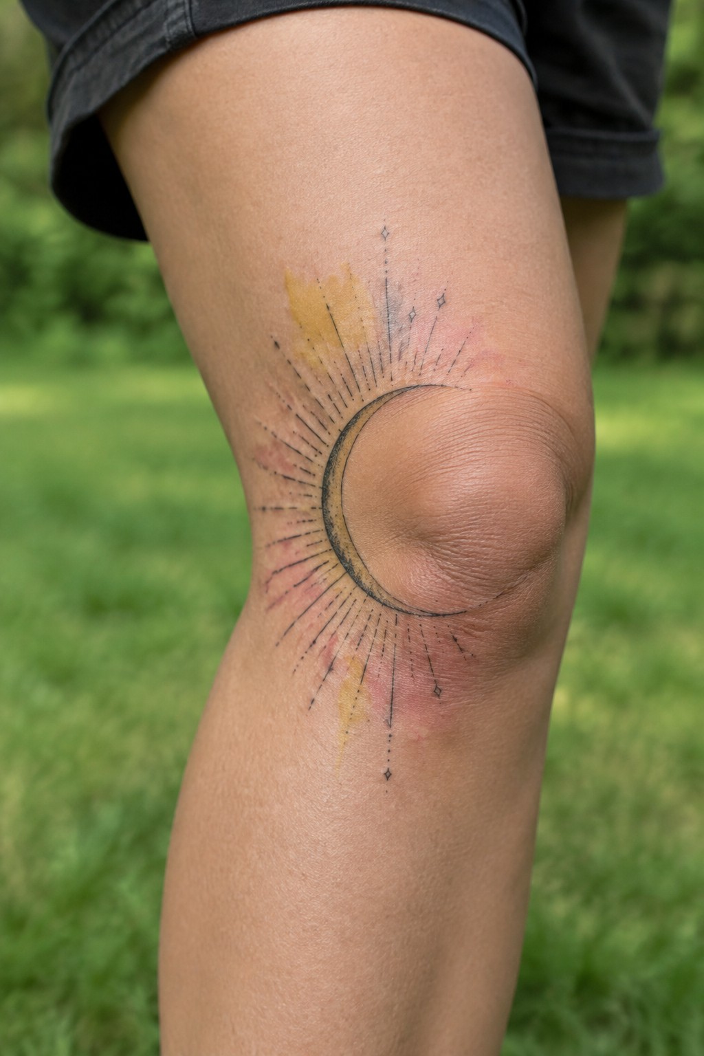 Knee with crescent moon sunburst tattoo and yellow-pink watercolor splashes on grass