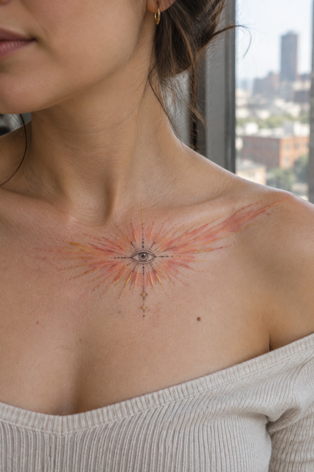 Watercolor sunburst tattoo with a central eye on a woman's upper chest.