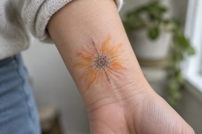 19 Radiant Spiritual Tattoos for Women Featuring Watercolor Sunbursts Wrist with black mandala tattoo and orange-yellow watercolor sunburst rays on knit sleeve