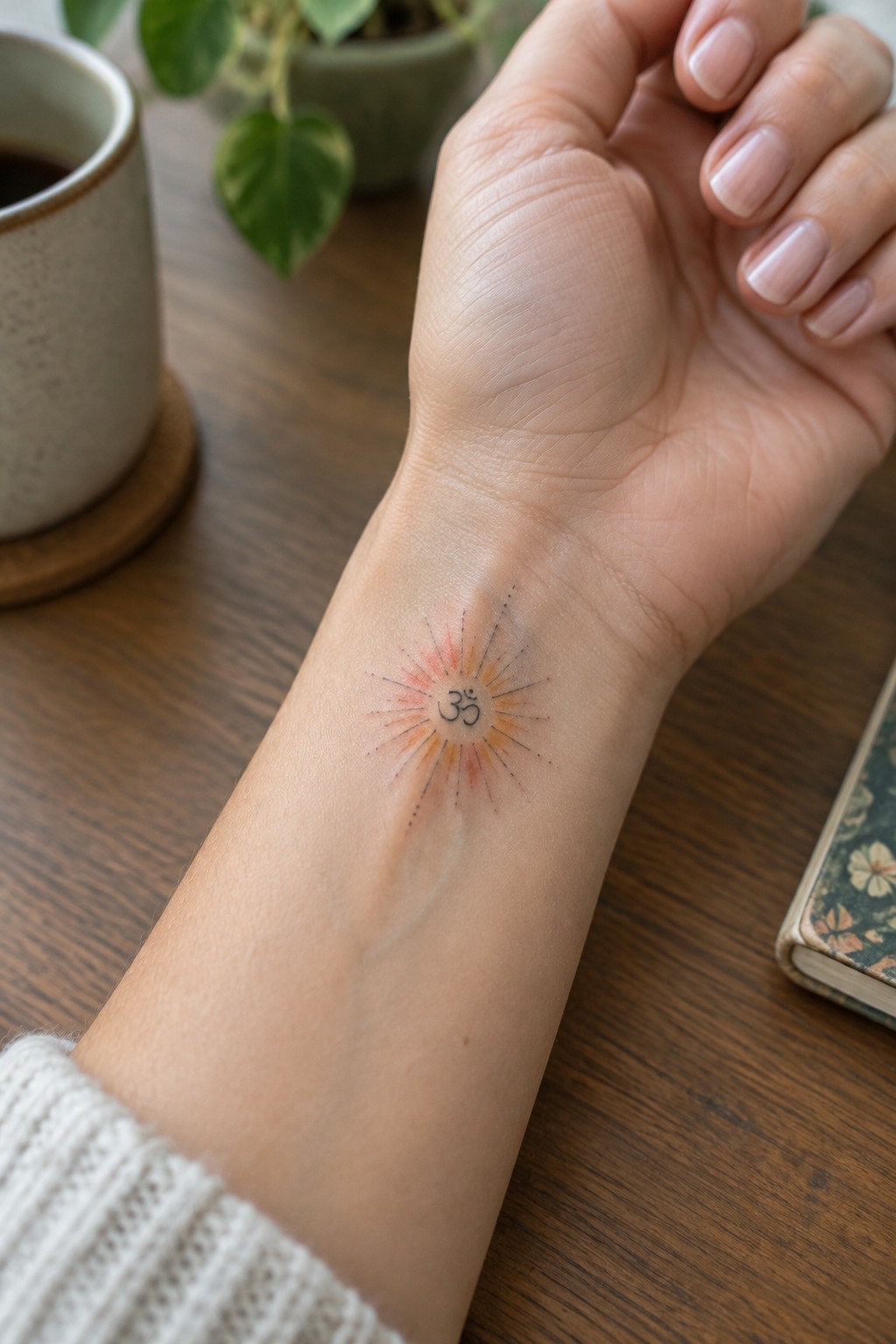 White sweater sleeve with orange sunburst Om tattoo on wooden table beside mug