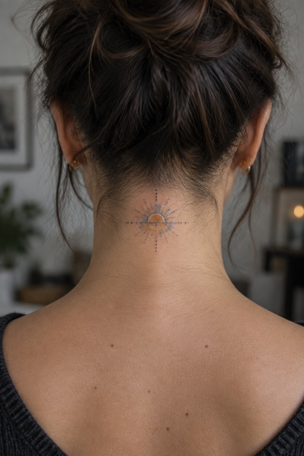 Small watercolor sunburst tattoo centered on the nape of the neck with orange center and dotted rays