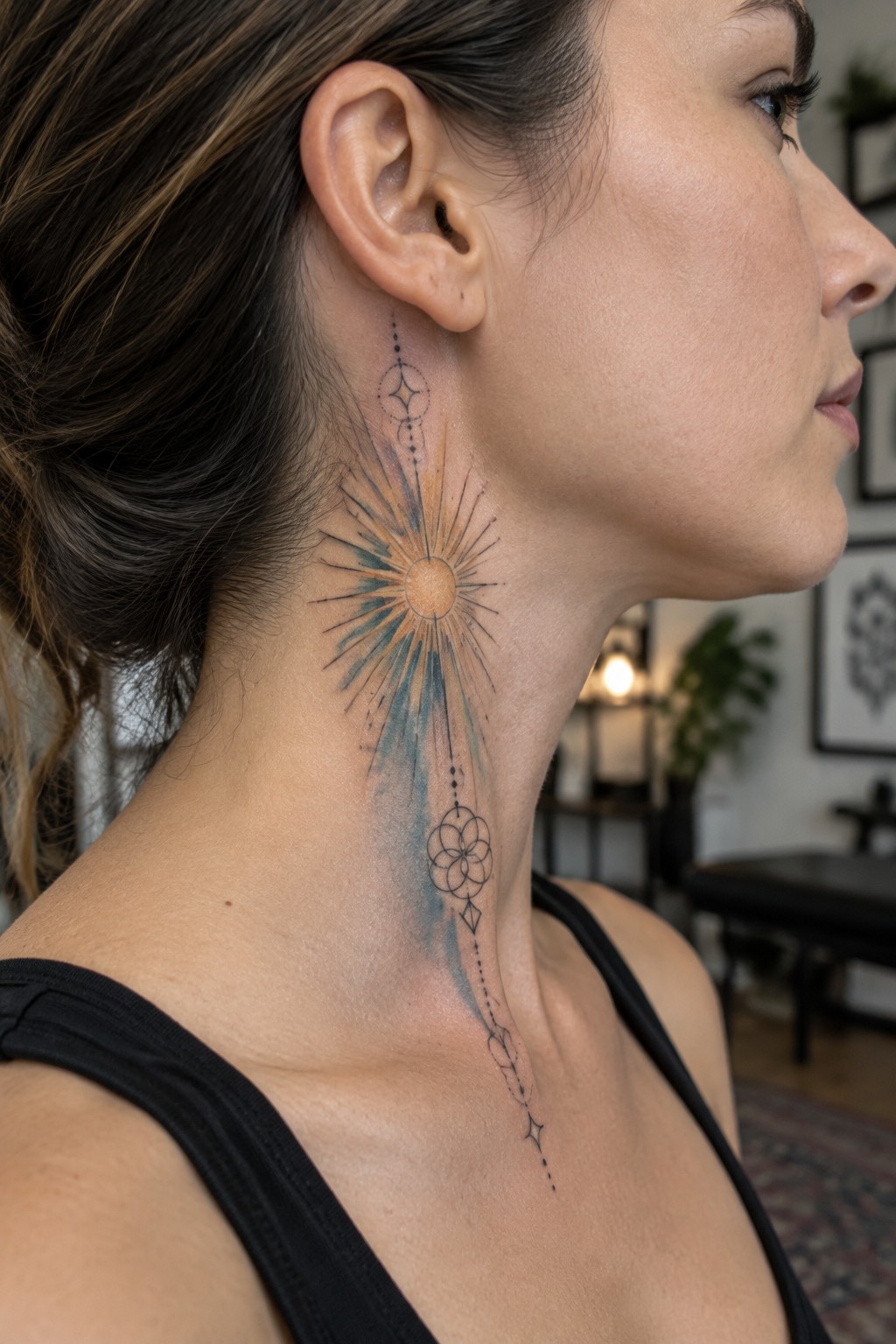 Woman's neck with orange-blue sunburst tattoo, black tank top, profile view.