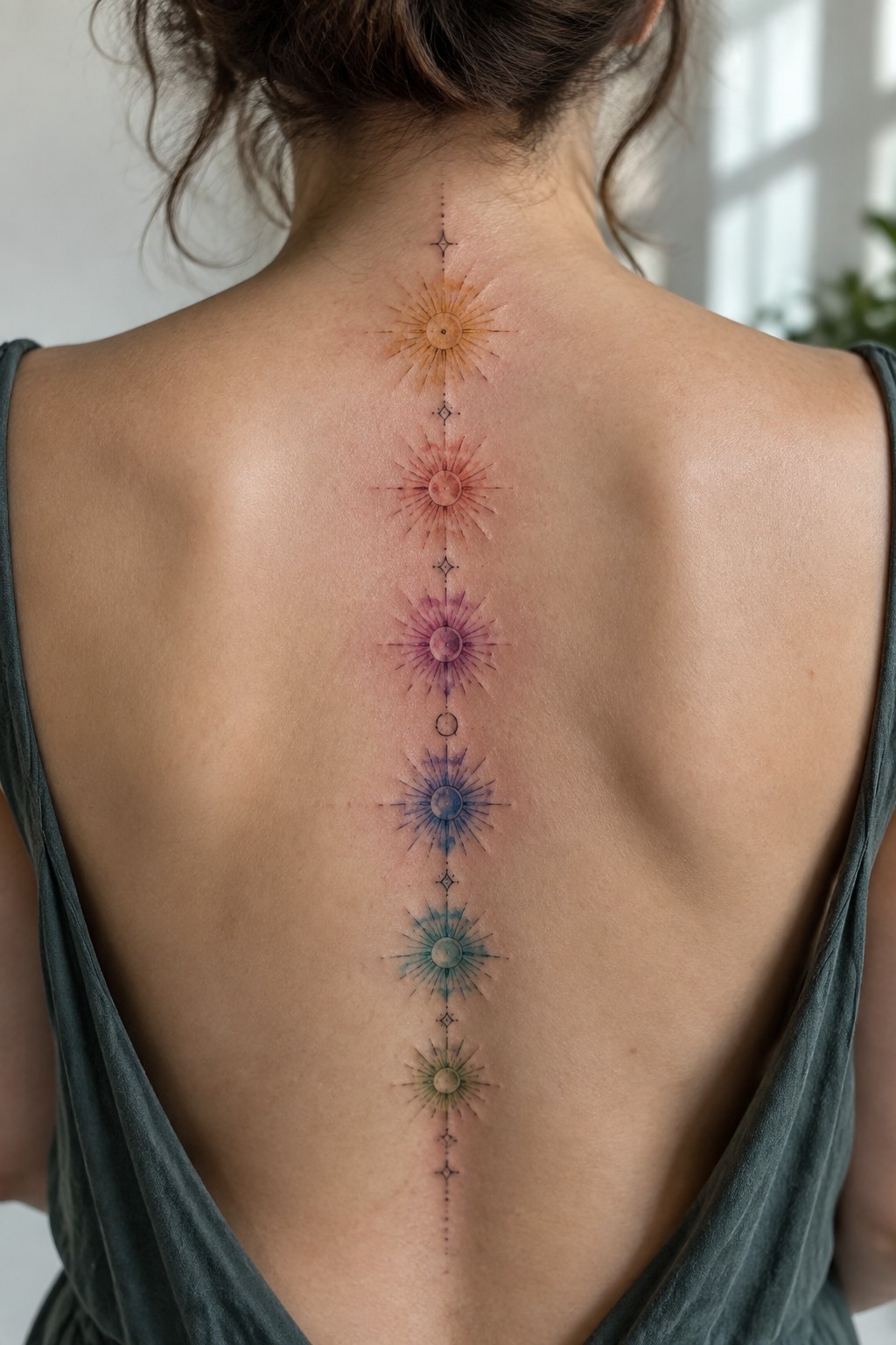 A vertical spine tattoo featuring a row of watercolor sunbursts in a color gradient from orange to green.