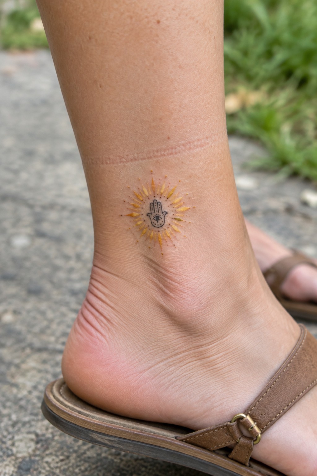 Hamsa hand tattoo with golden sun rays on ankle above brown sandal