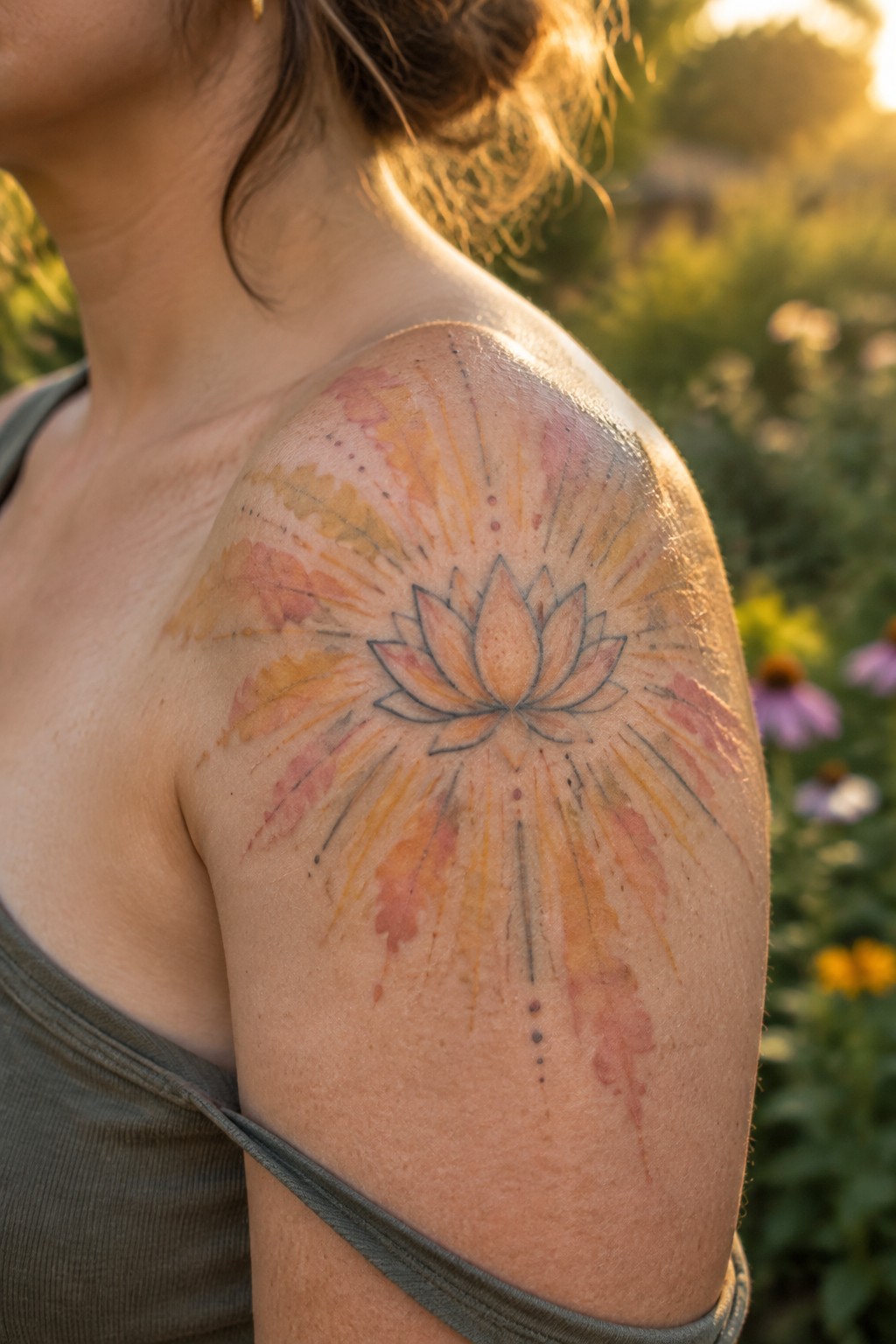 Sunlit shoulder with vibrant watercolor lotus flower tattoo in a garden