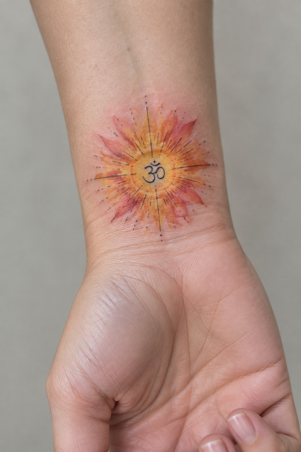 Colorful watercolor sunburst tattoo with Om symbol on wrist