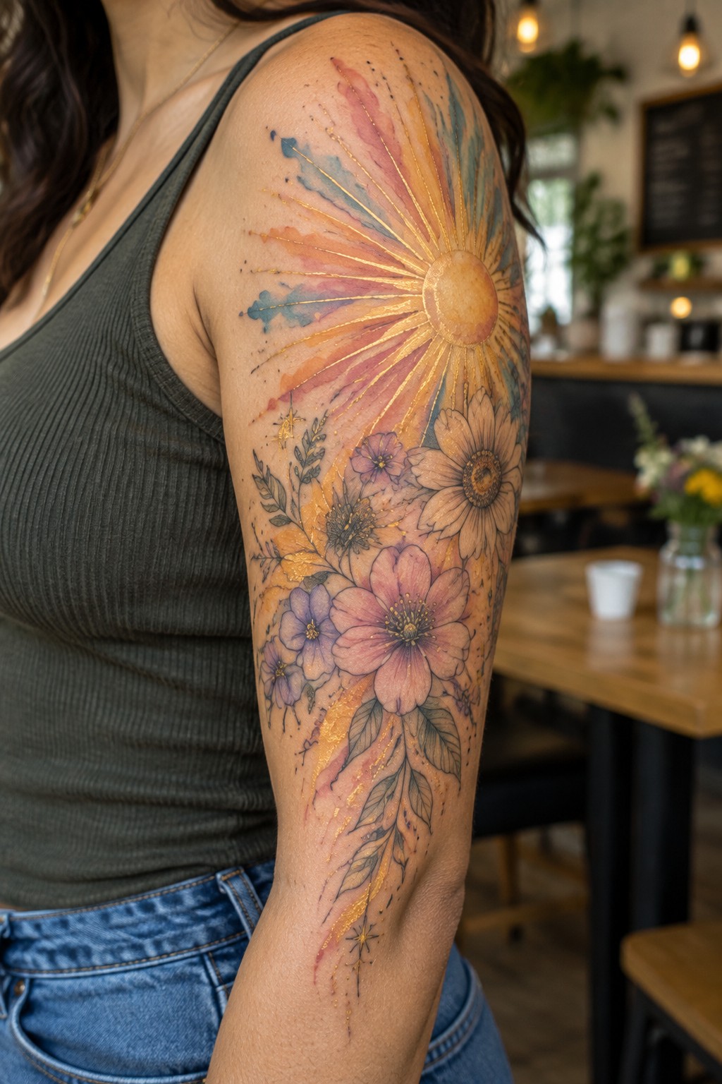 Woman's upper arm showing a watercolor sunburst tattoo with orange rays, a central sun, and surrounding pink and purple flowers with green leaves and gold details.