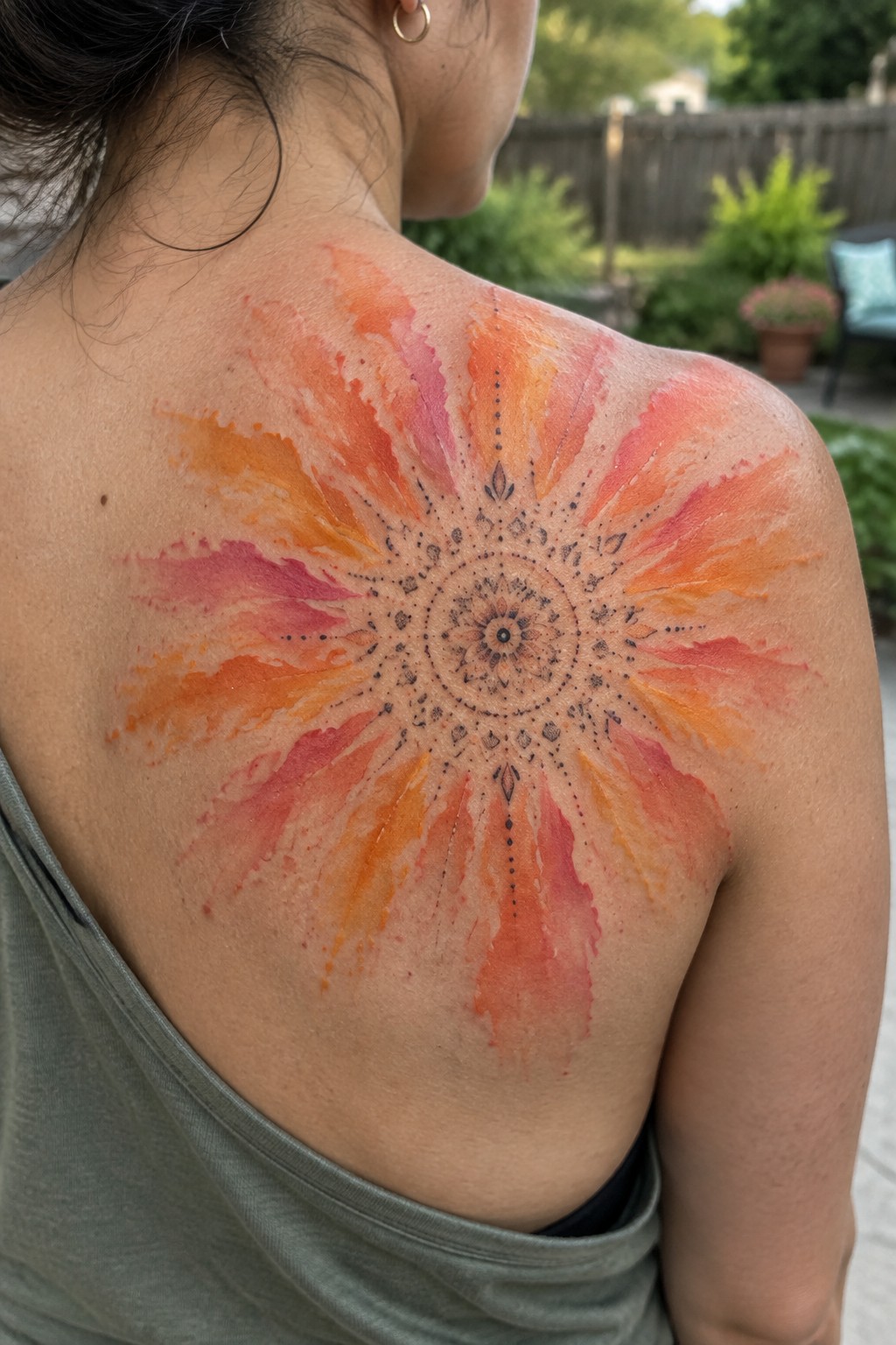 Woman's back with large orange-pink mandala tattoo above gray tank top