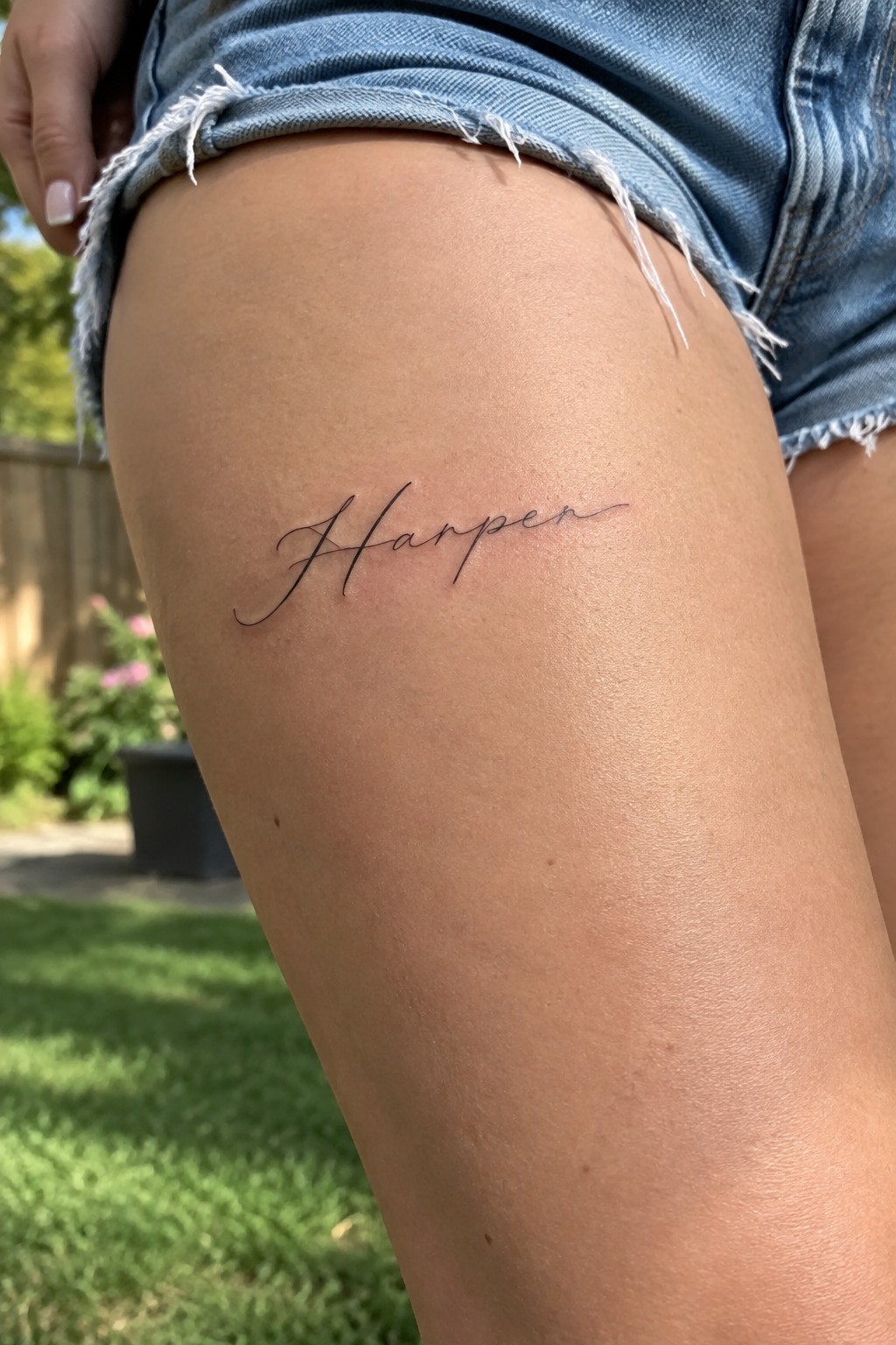 Cursive black Harper tattoo on thigh under frayed blue denim shorts