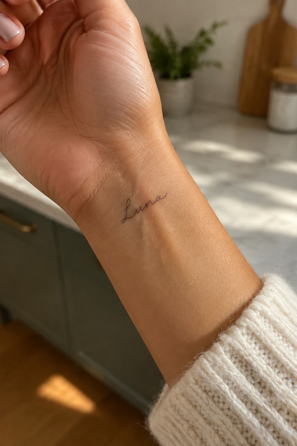 Wrist with cursive 'Luna' tattoo, white knit sweater cuff, sunlit kitchen background.