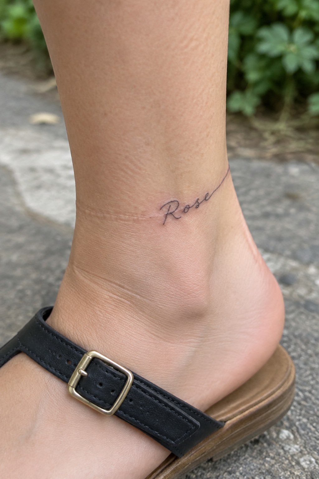Fine line handwritten tattoo of the name Rose on a woman's ankle above a black sandal strap