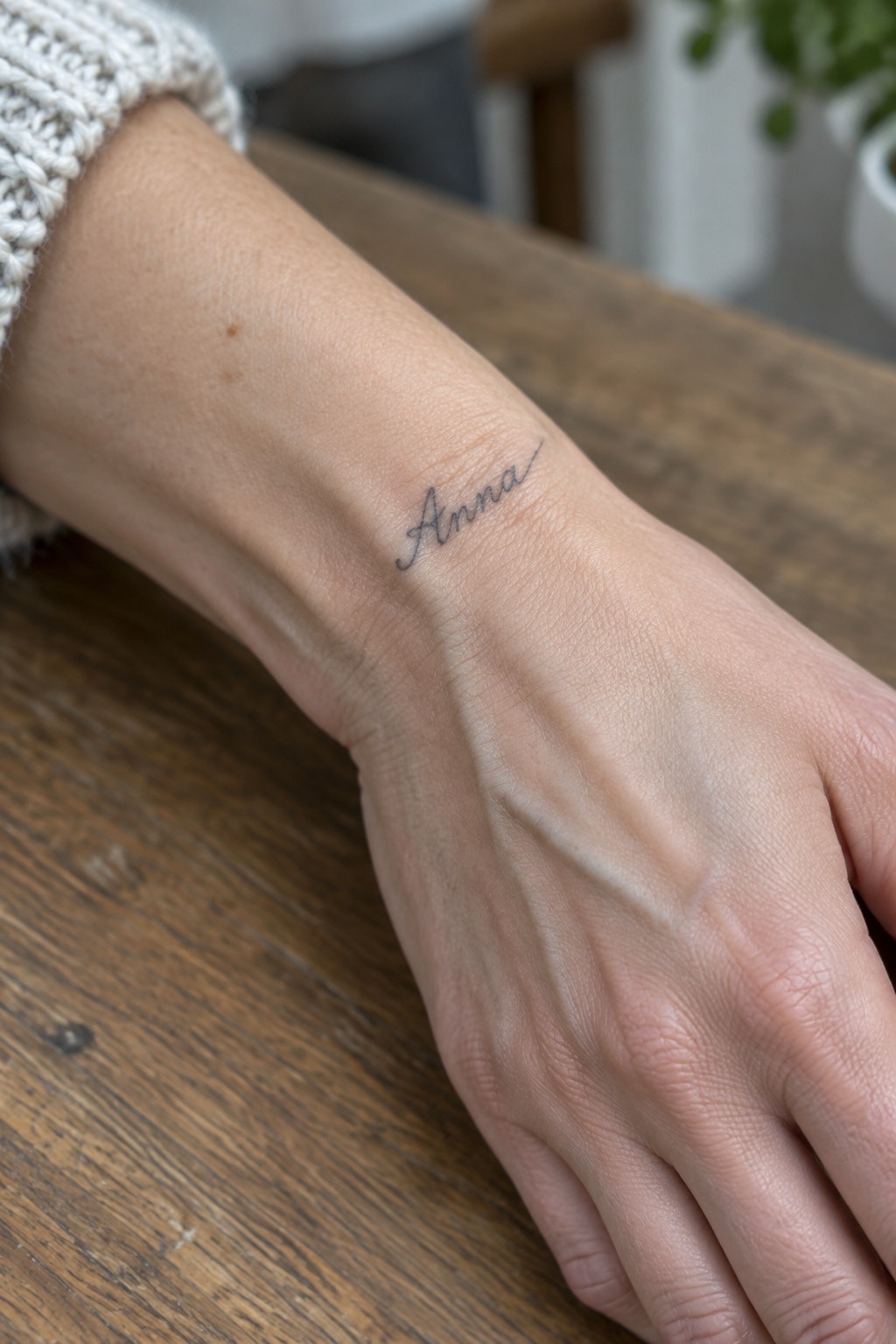 Fine line tattoo of the name Anna written in cursive on the inner wrist