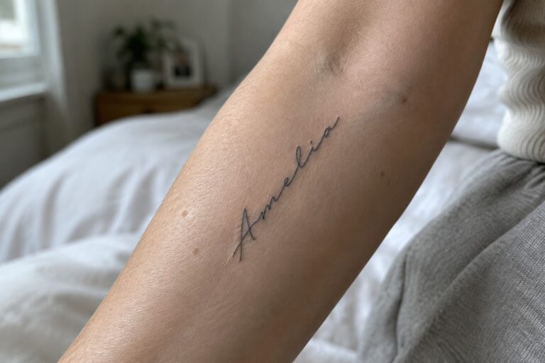 20 Refined Fine Line Name Tattoos for Women Using Handwritten Lettering Cursive black 'Amelia' tattoo on a forearm beside white bedding and a nightstand
