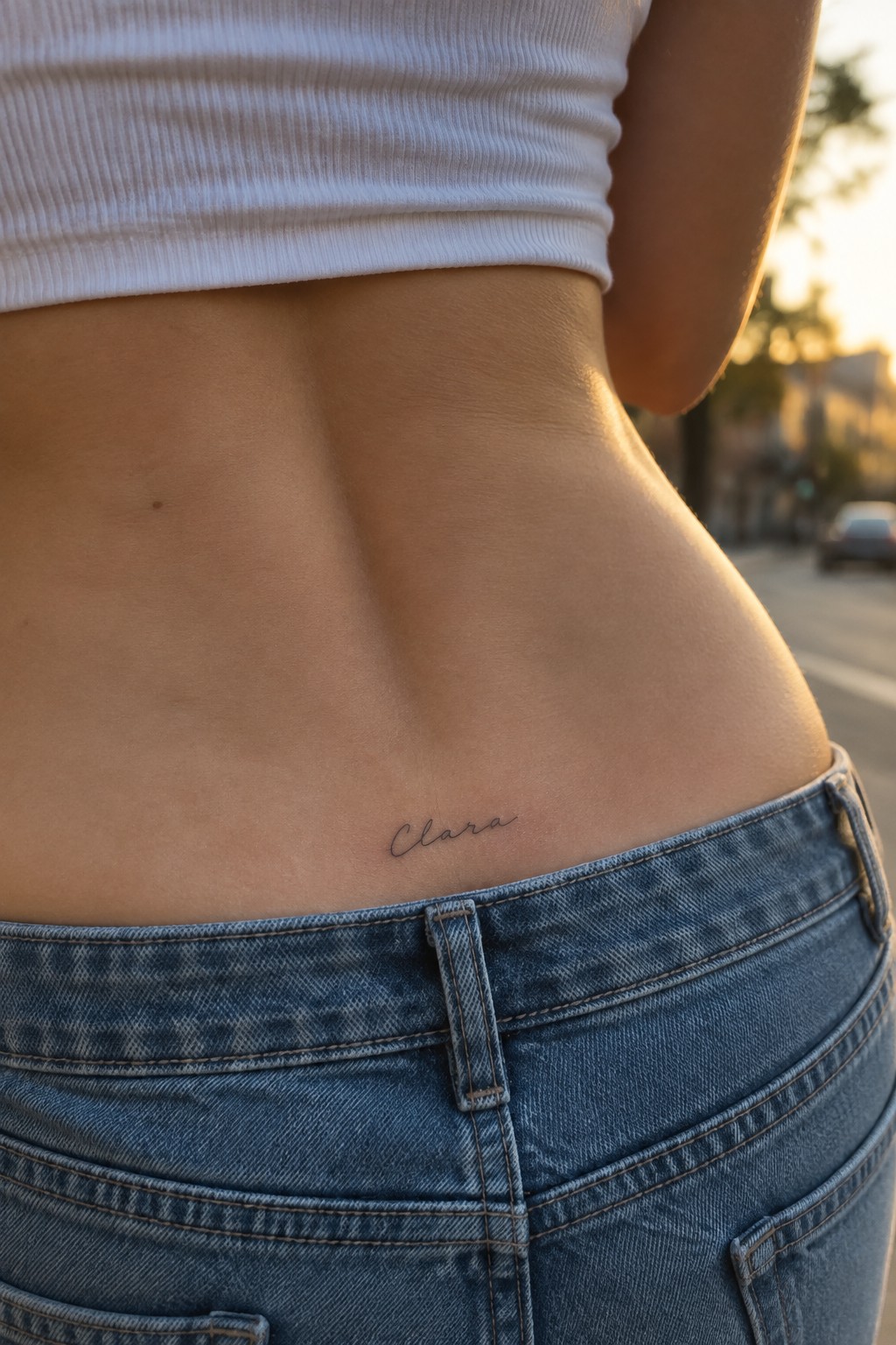 Fine line tattoo of the name Clara in handwritten script on the lower back above blue jeans.