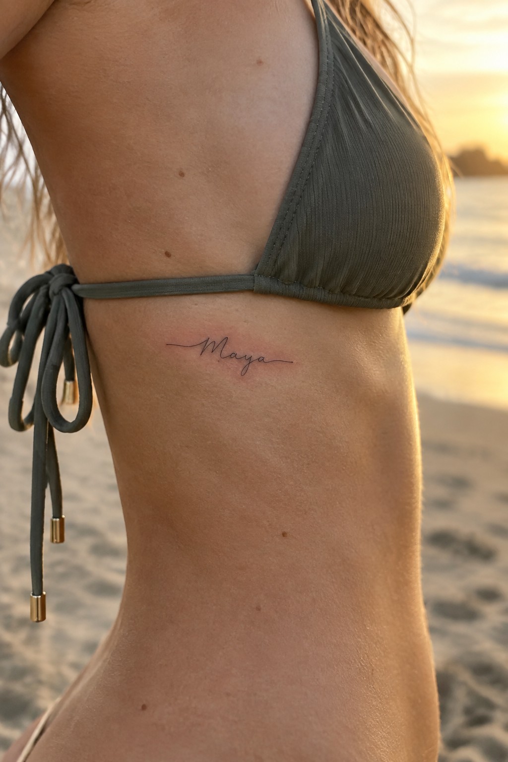 Olive green bikini top with Maya cursive tattoo on ribcage at beach sunset