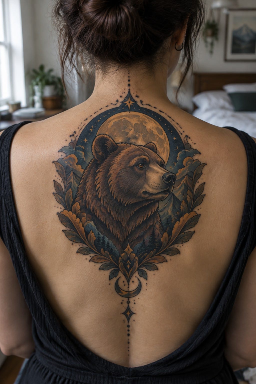 Woman's back with large bear tattoo, full moon, leaves, and celestial symbols.
