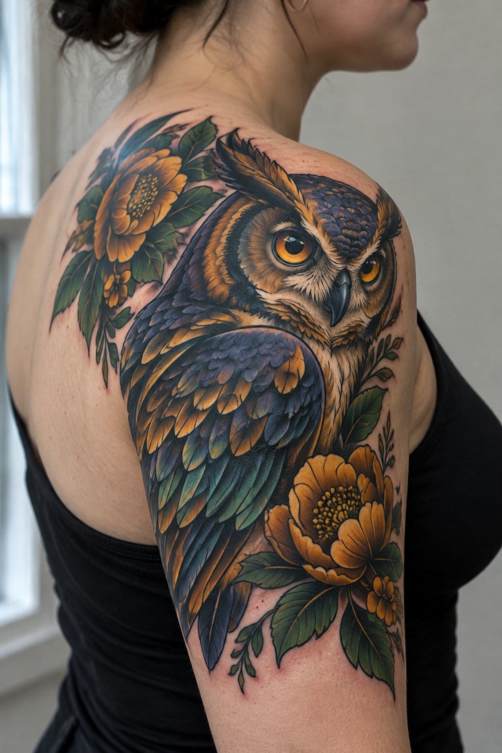 Detailed owl tattoo with yellow flowers on shoulder and upper arm in black top