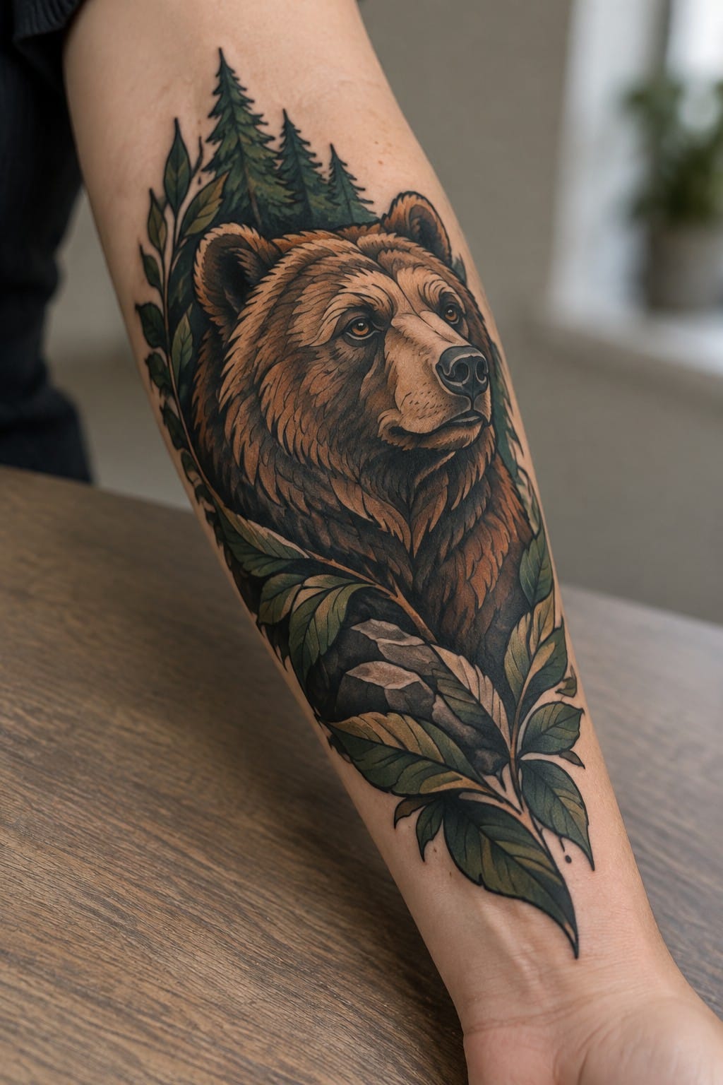 Neo-traditional bear head tattoo on the forearm with pine trees above and green leaves wrapping below.