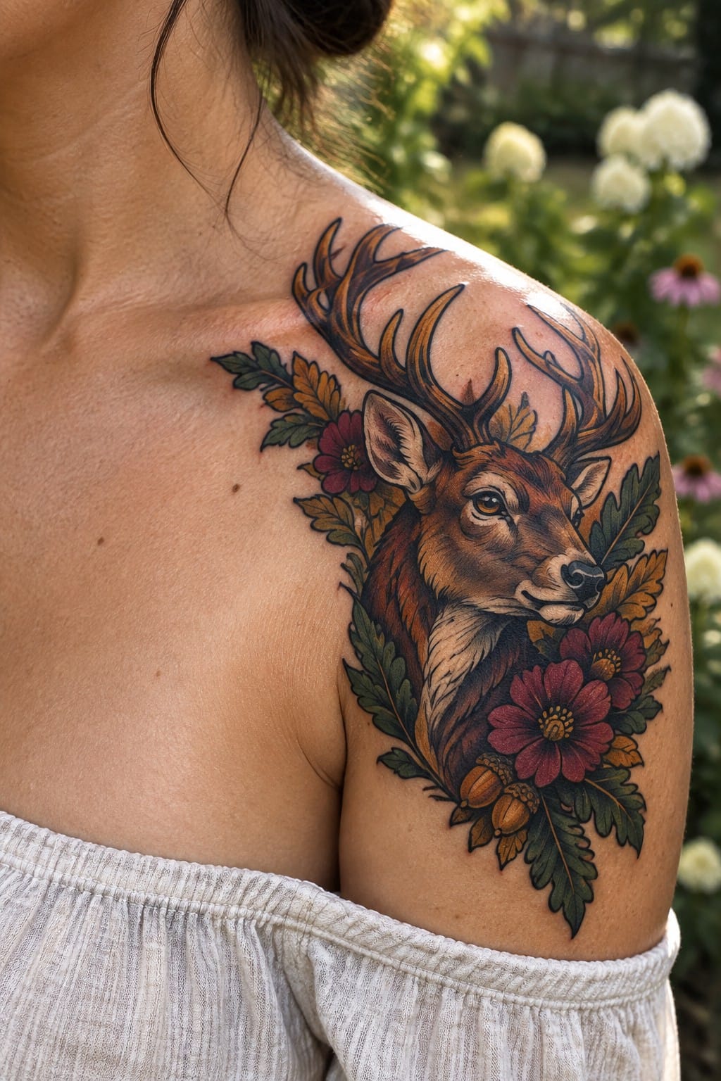 Woman's shoulder with colorful deer tattoo, antlers, red flowers, and acorns.