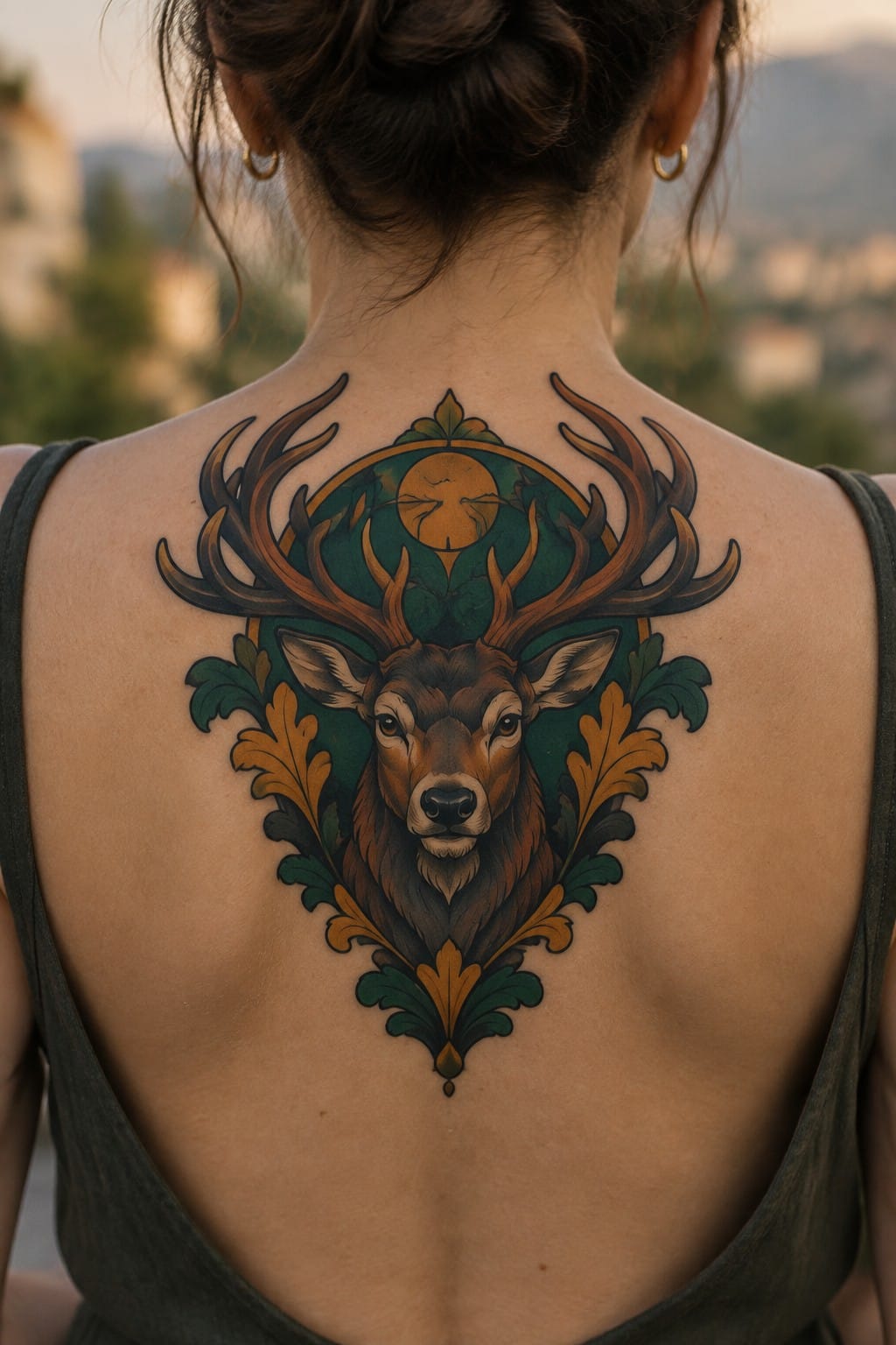 Neo-traditional deer head tattoo with large antlers and foliage on a woman's upper back.