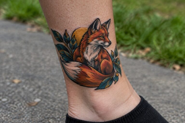 18 Striking Neo-Traditional Animal Tattoos for Women Using Rich Color and Bold Shading Neo-traditional fox tattoo wrapped around the ankle with teal leaves, gold berries, and a circular gold accent behind the head.