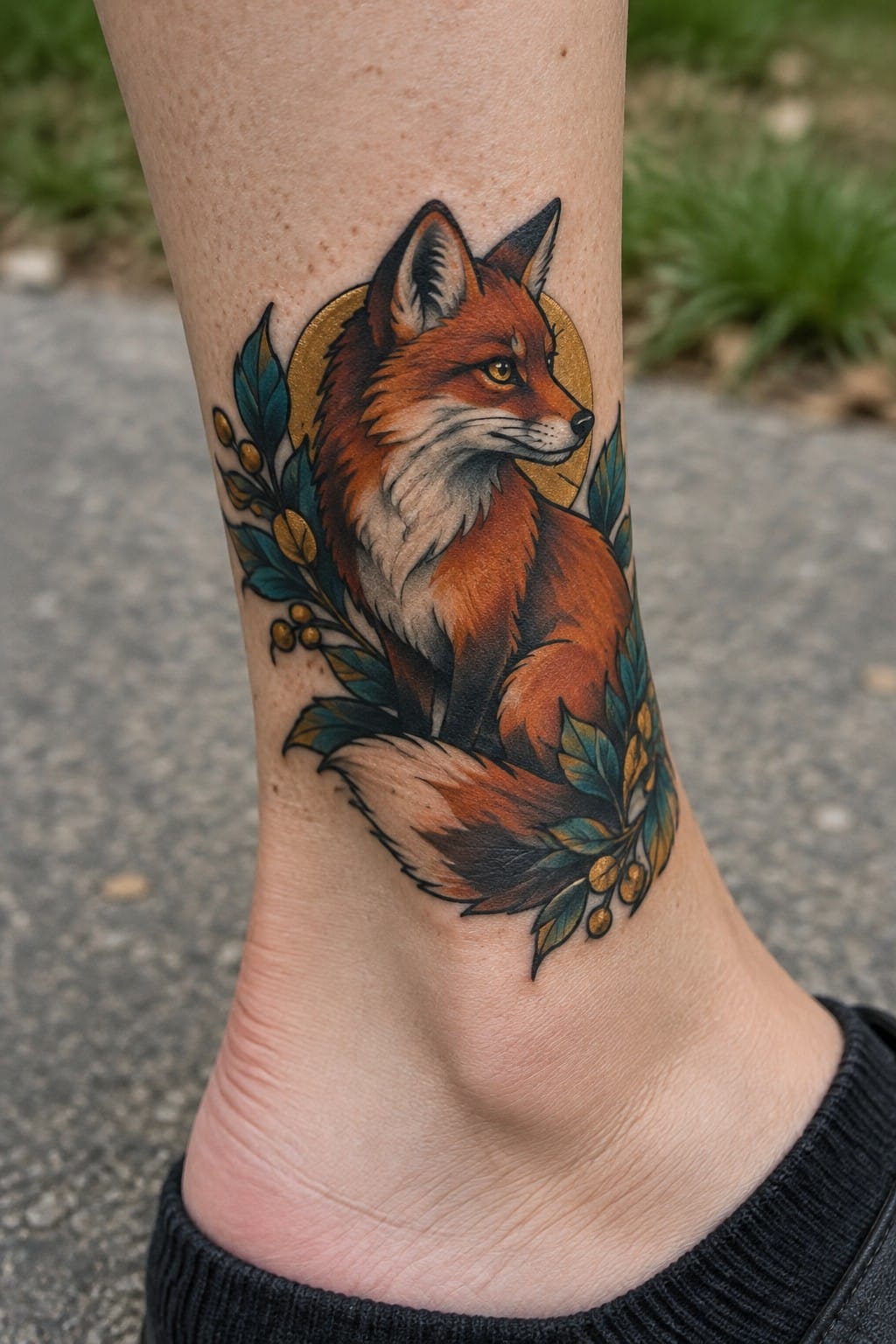 Neo-traditional fox tattoo wrapped around the ankle with teal leaves, gold berries, and a circular gold accent behind the head.