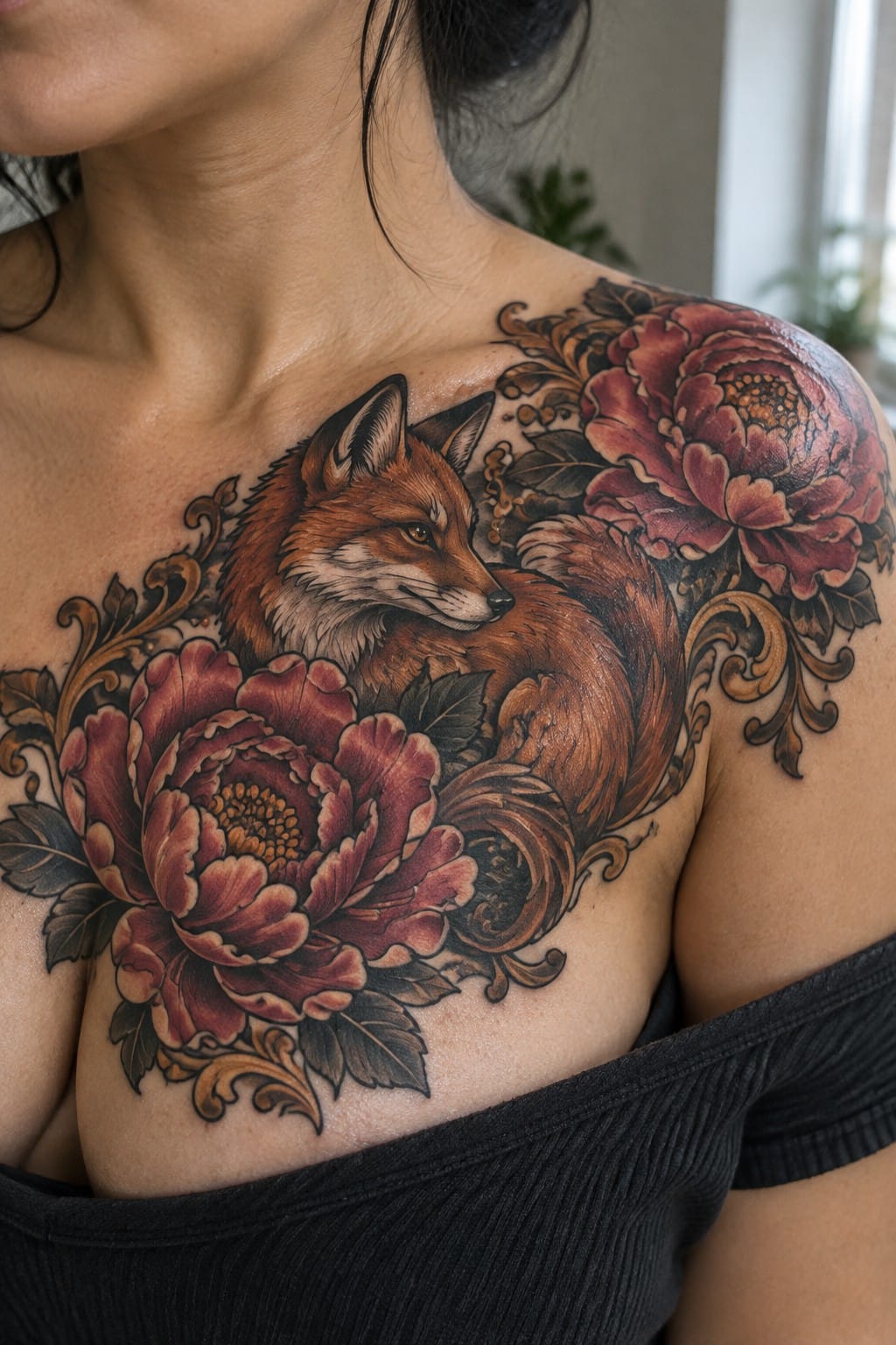 Fox tattoo with red peonies and scrolls on chest above black off-shoulder top