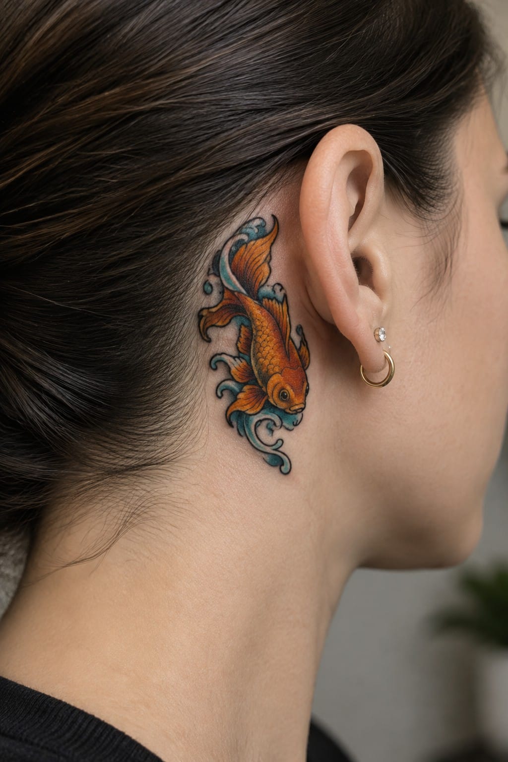 Orange and teal koi fish tattoo behind ear on neck with dark hair