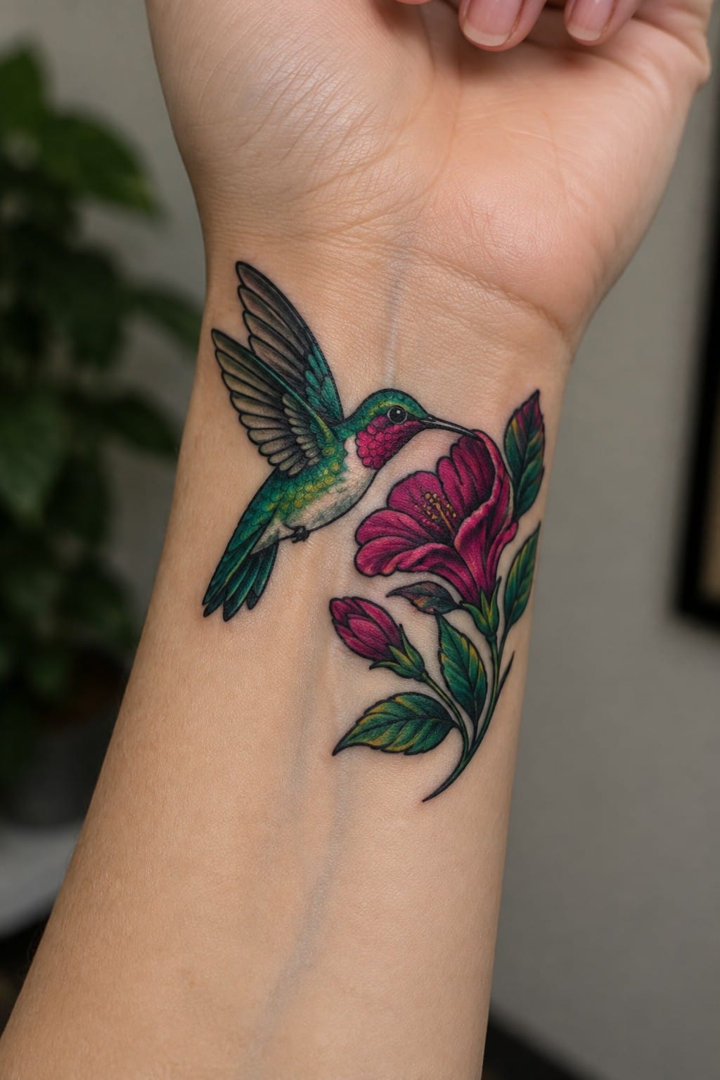 Neo-traditional hummingbird in flight beside a magenta flower on the inner wrist